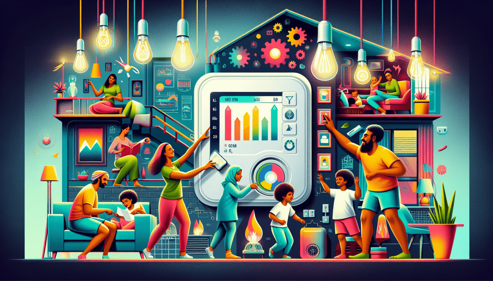 Illustration of a household making energy-efficient adjustments based on smart meter data