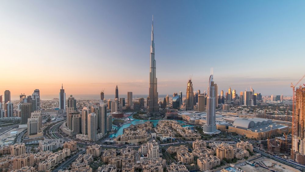 Stock photo of Dubai skyline with Burj Khalifa and high-rise towers