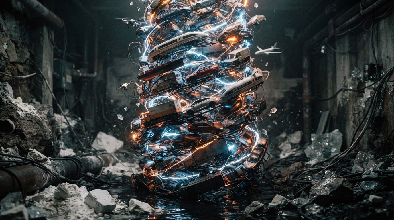 A swirling tornado of vehicles and glowing wires in an industrial underground setting, surrounded by rubble and debris.