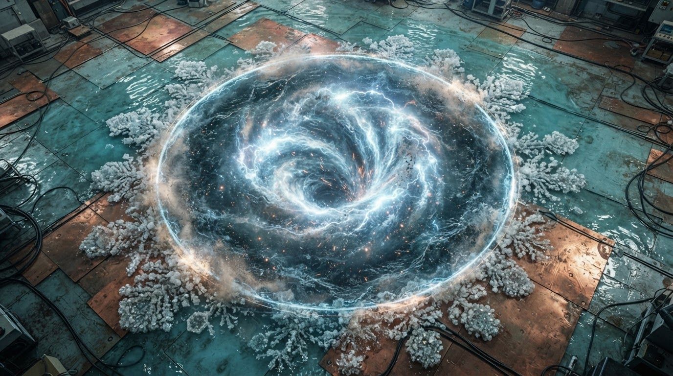 A glowing blue vortex with electric sparks at the center of an industrial floor, surrounded by a ring of white foam-like material.