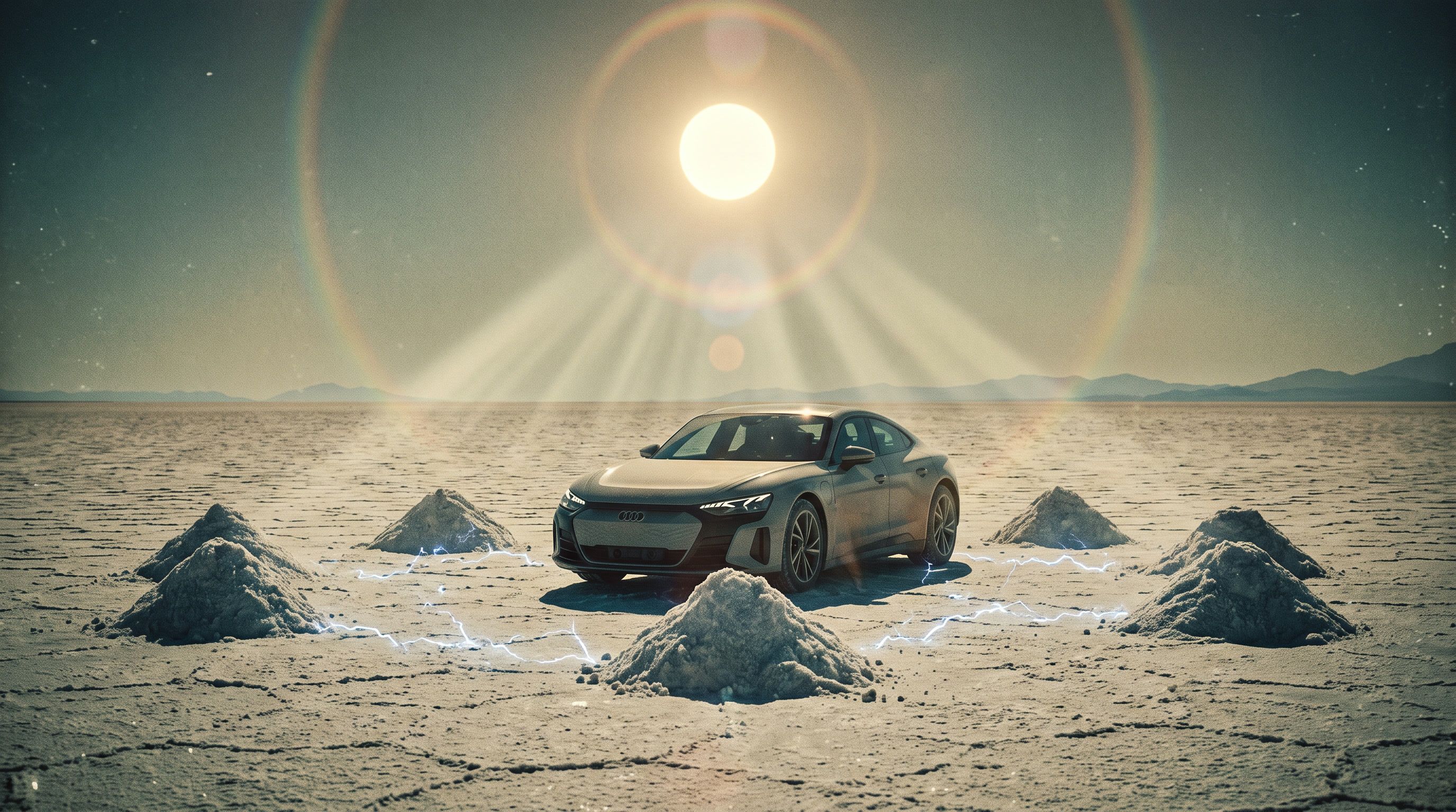 A sleek car parked on a salt flat surrounded by piles of salt, with the sun shining brightly above, casting rays and a circular halo.