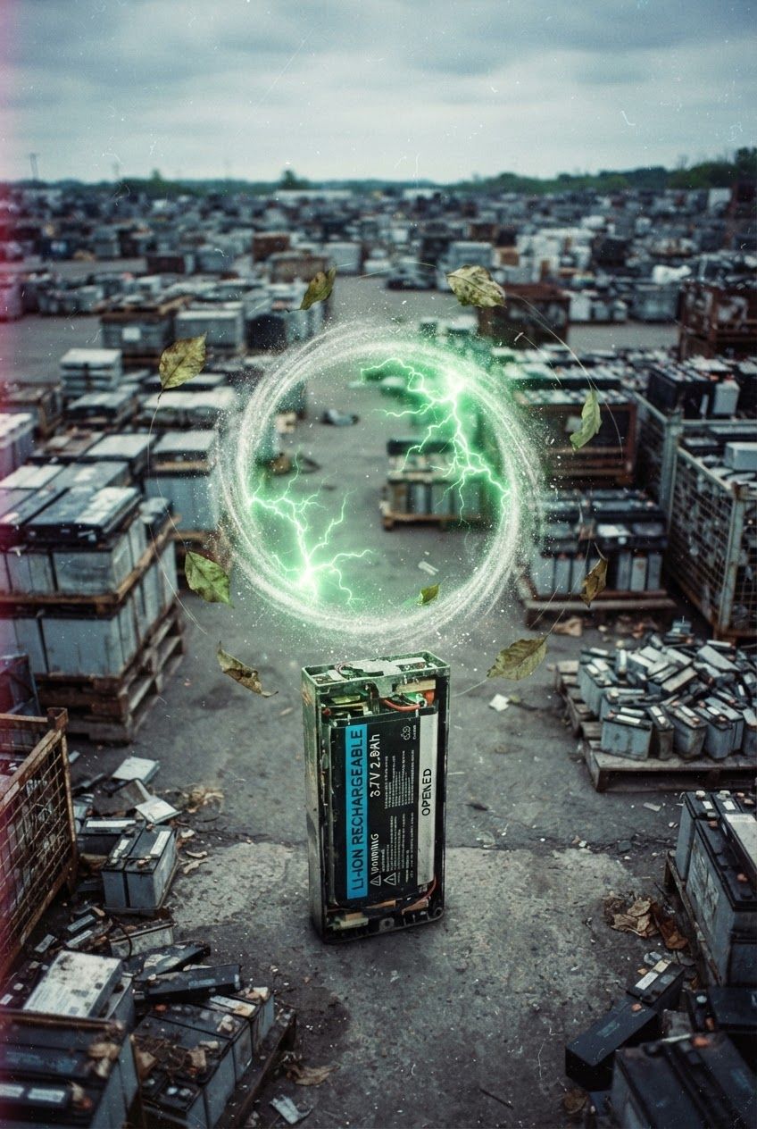 A large lithium-ion battery stands in a storage yard, surrounded by floating leaves and a glowing green energy circle overhead.