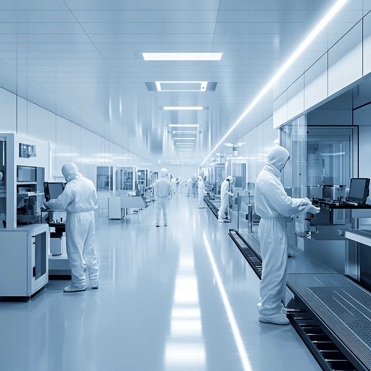 Technicians in full protective suits work in a high-tech, sterile laboratory with advanced equipment and bright lighting.