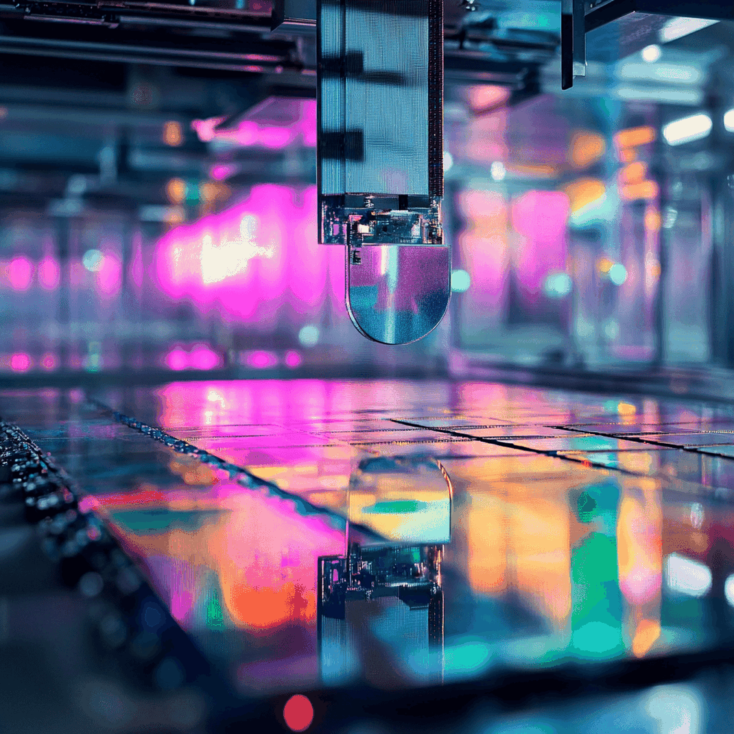 Close-up of a hi-tech machine working with semiconductor wafers, reflecting colorful lights in a futuristic, industrial setting.