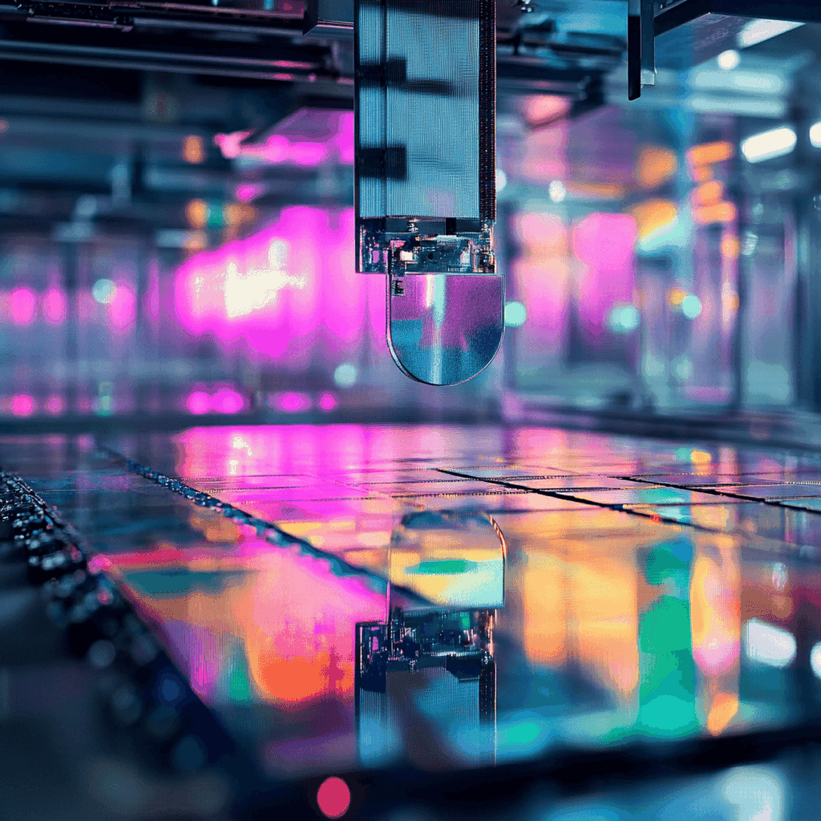 Close-up of a hi-tech machine working with semiconductor wafers, reflecting colorful lights in a futuristic, industrial setting.