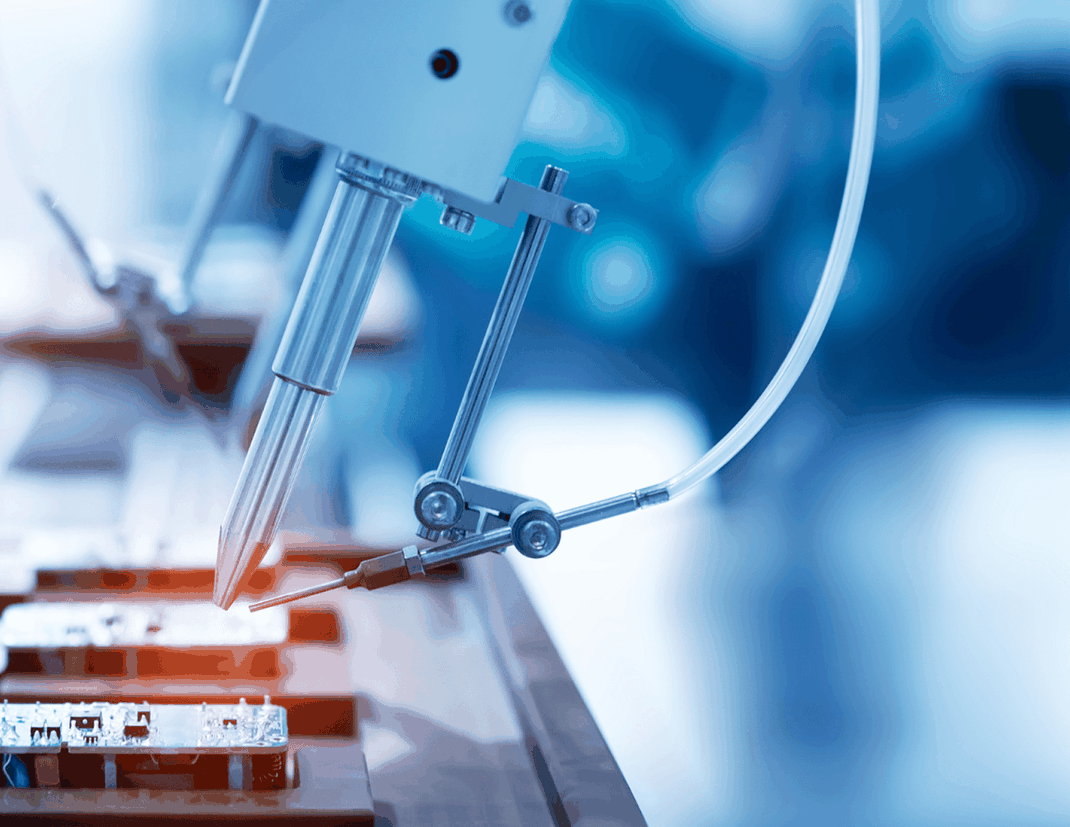 Robotic arm precisely soldering electronic components on a circuit board, showcasing advanced automation in a blue-toned industrial setting.