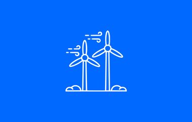 Zwei weiße Windrad Icons auf blauem Hintergrund.