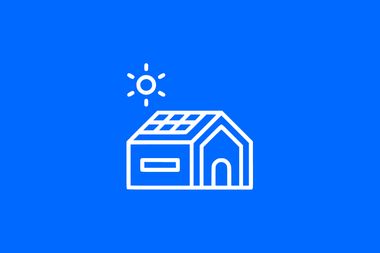 Ein weißes Icon eines Hauses mit Solarpanel auf dem Dach und einer Sonne darüber auf blauem Hintergrund.