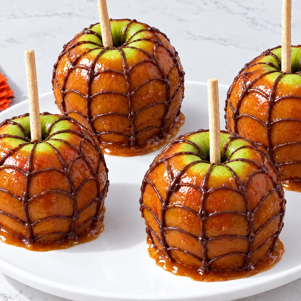 Spiderweb Caramel Apples – finished dish