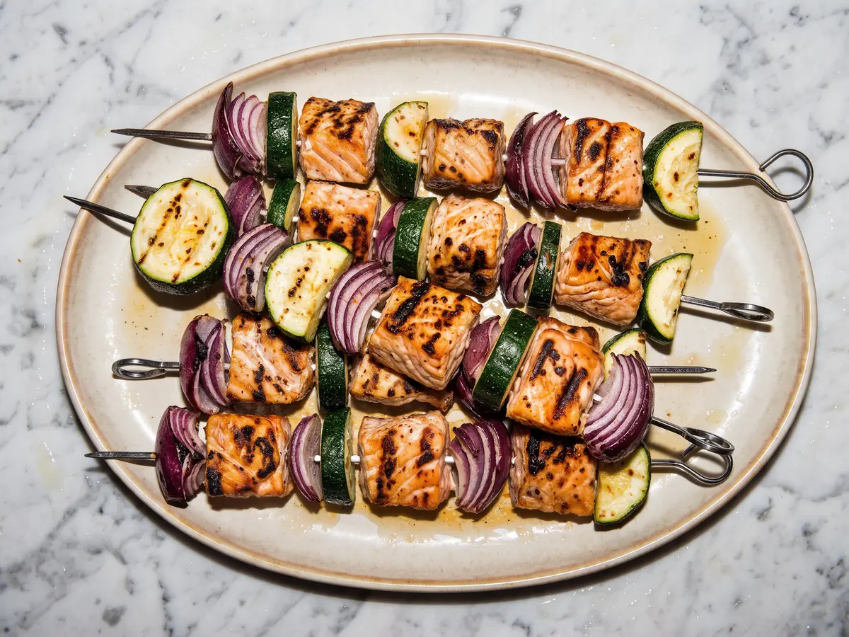 Tray Bake Salmon Kebabs – finished dish