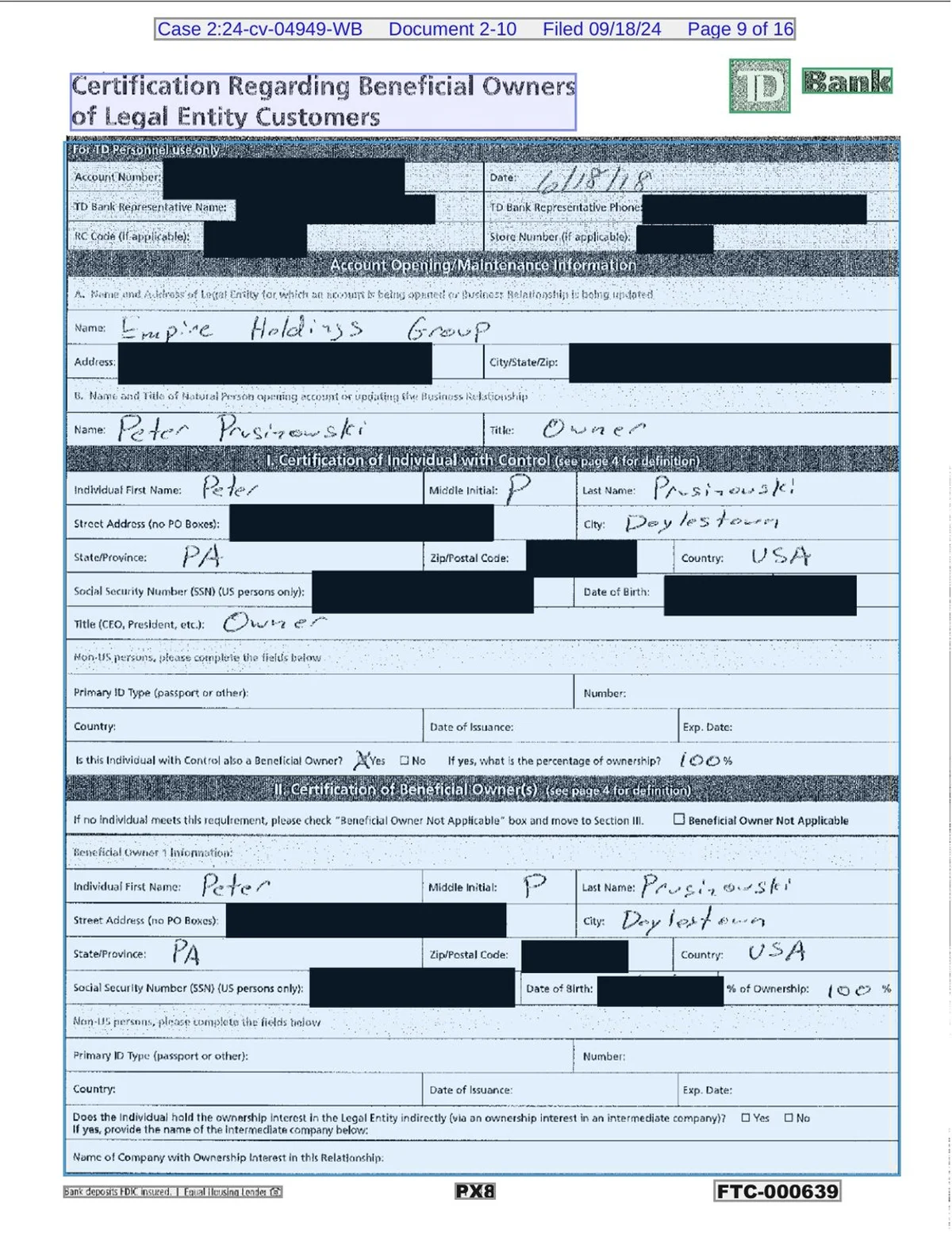 Ownership form, handwritten