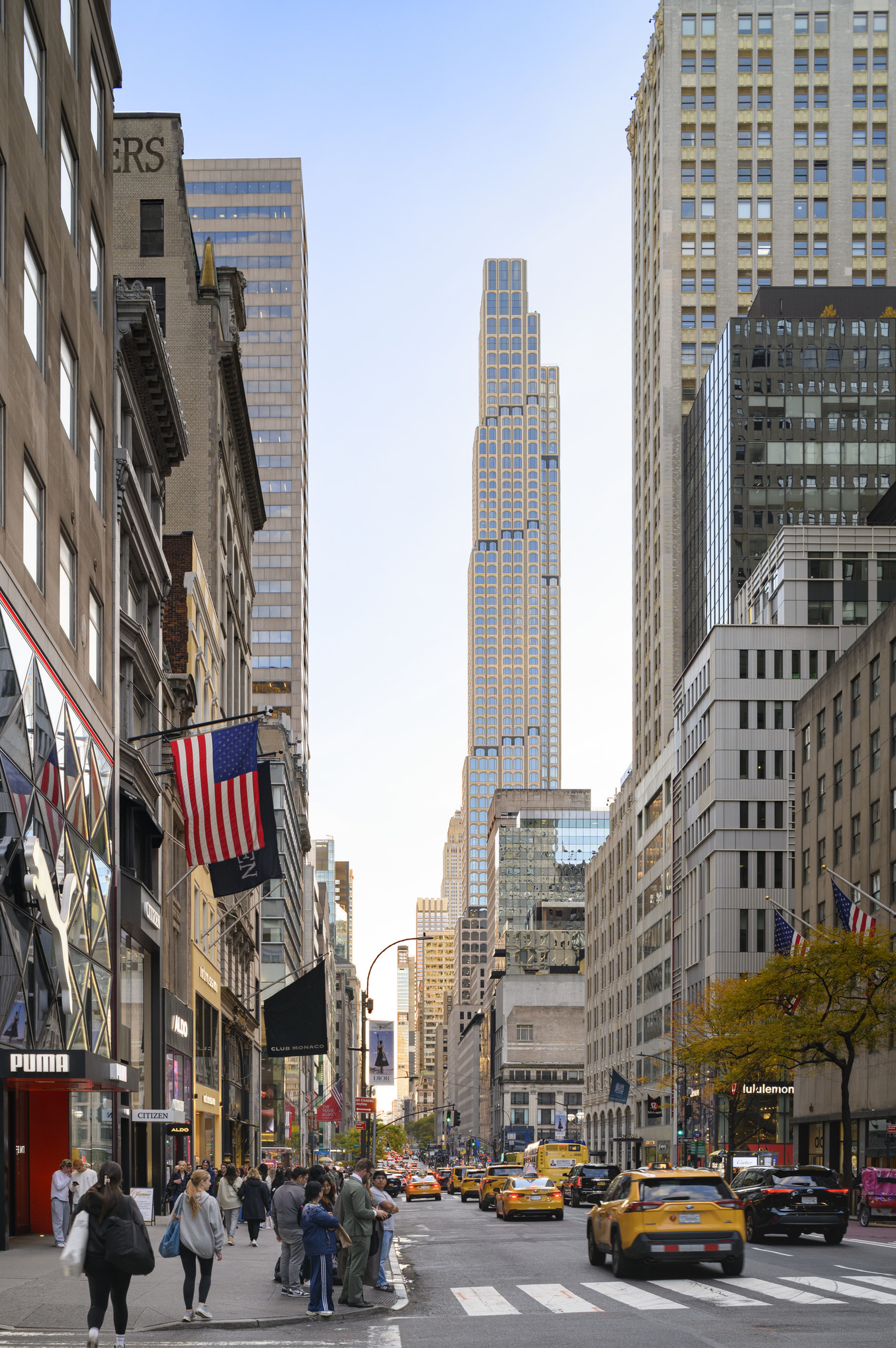 Street view of a busy New York City scene with people walking, yellow taxis on the road, and tall skyscrapers under a clear blue sky, 520 Fifth Avenue rises in the distance
