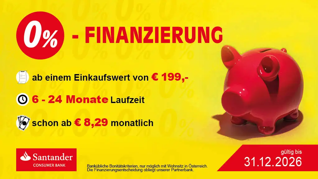 Werbebanner für 0%-Finanzierung der Santander Consumer Bank, gültig bis 31.12.2026, ab 199 €, 6–24 Monate, ab 8,29 € monatlich.