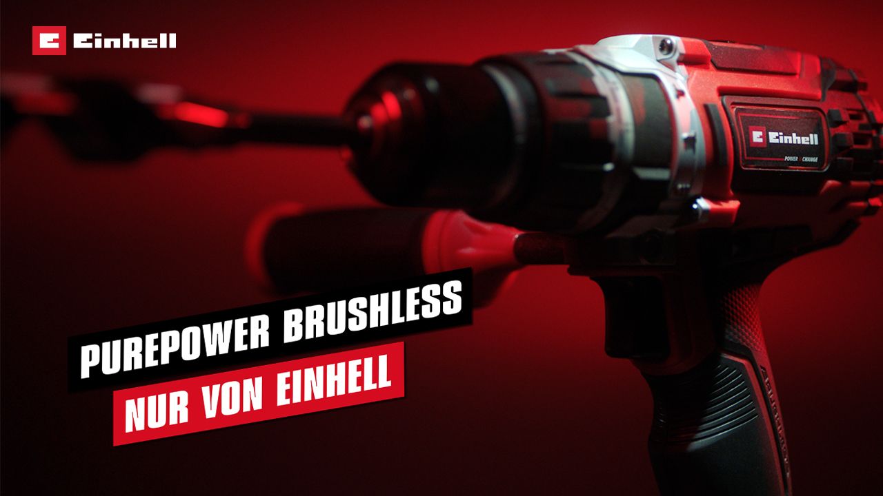 Bild eines Akkuschraubers mit Einhell Logo im linken oberen Bildeck. Dazu der Text "Purepower Brushless. Nur von Einhell"