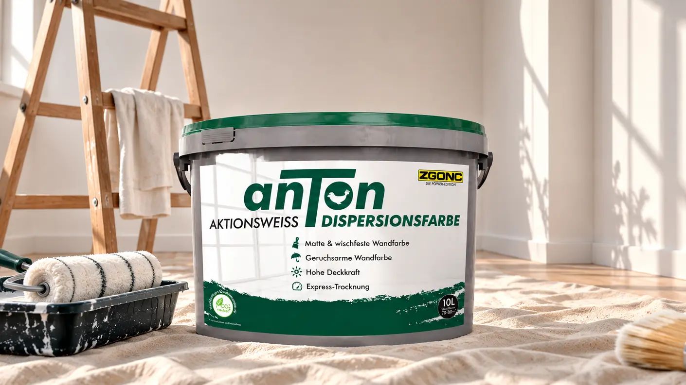 Zgonc Anton Aktionsweiss Dispersionsfarbe 10L Eimer mit grünem Deckel, Farbroller und Leiter im Hintergrund
