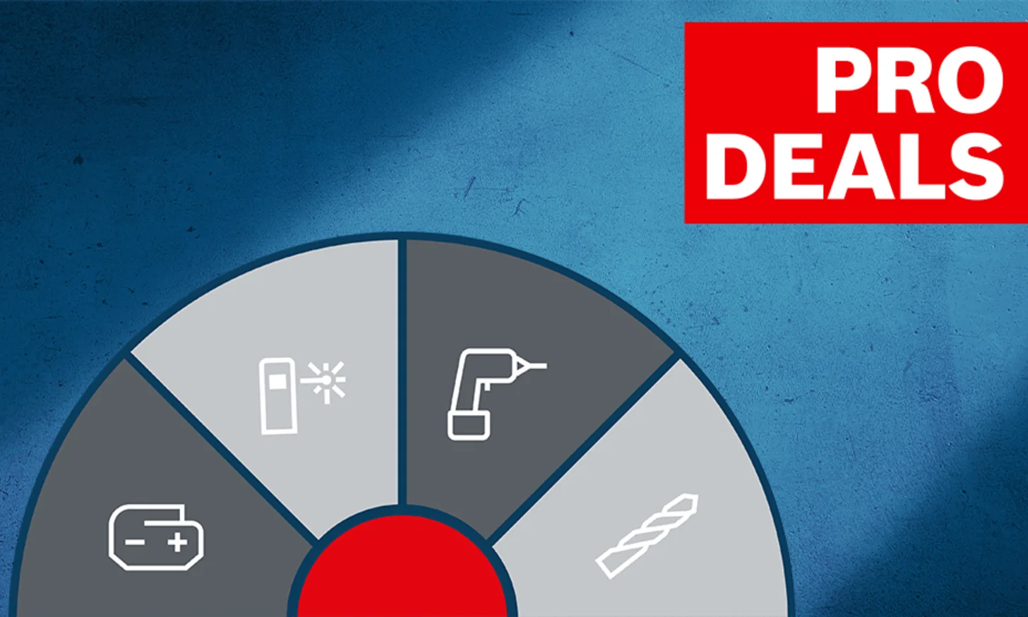 Grafik mit Kreis-Menü und Symbolen für Werkzeuge, Akku und Bohrer auf blauem Hintergrund. Rotes Banner mit „PRO DEALS".