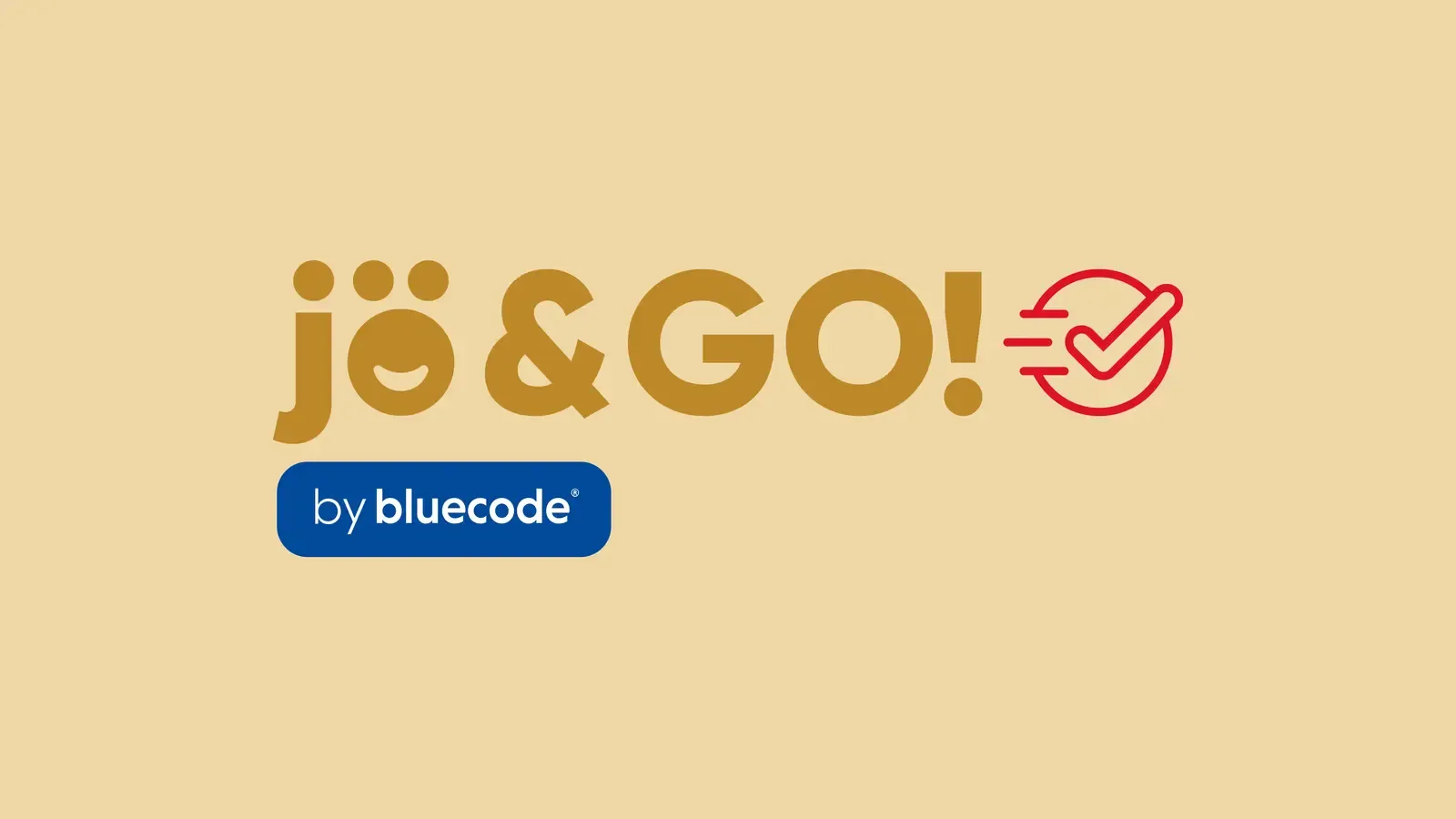 Logo von „jö & GO!" mit rotem Häkchen-Symbol und blauem „by bluecode"-Badge auf beigem Hintergrund.