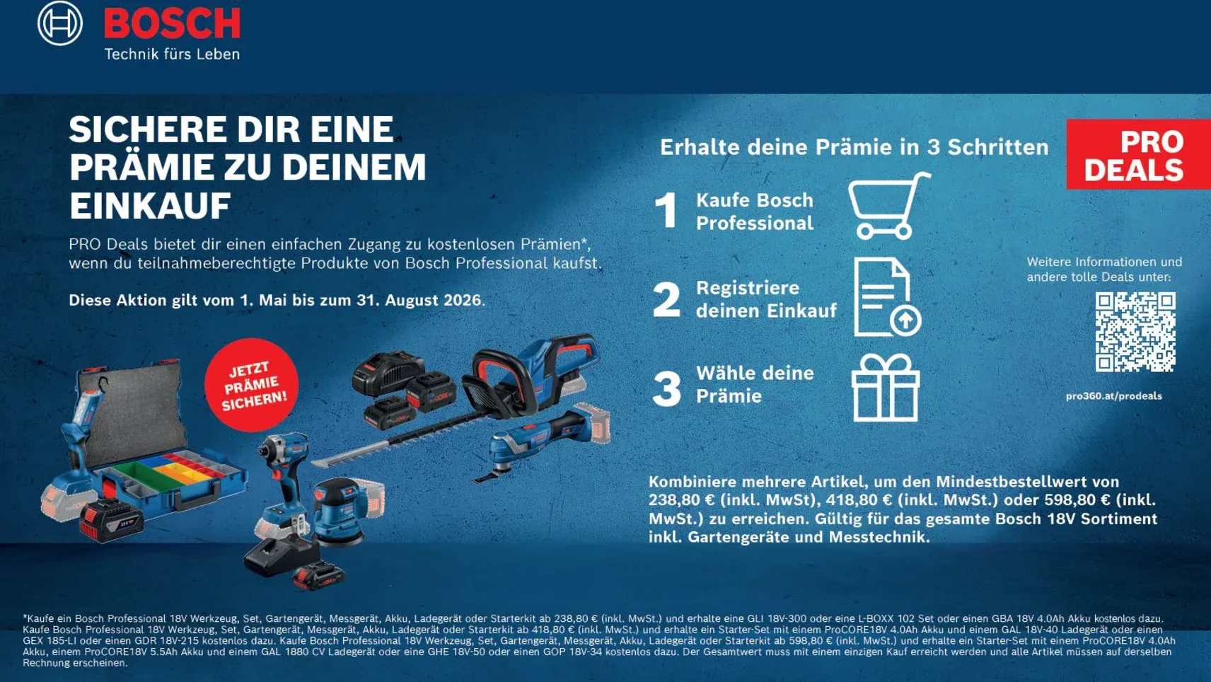 Bosch PRO Deals Werbebanner: Prämien-Aktion für Bosch Professional 18V Werkzeuge, gültig 1. Mai–31. August 2026, in 3 Schritten.