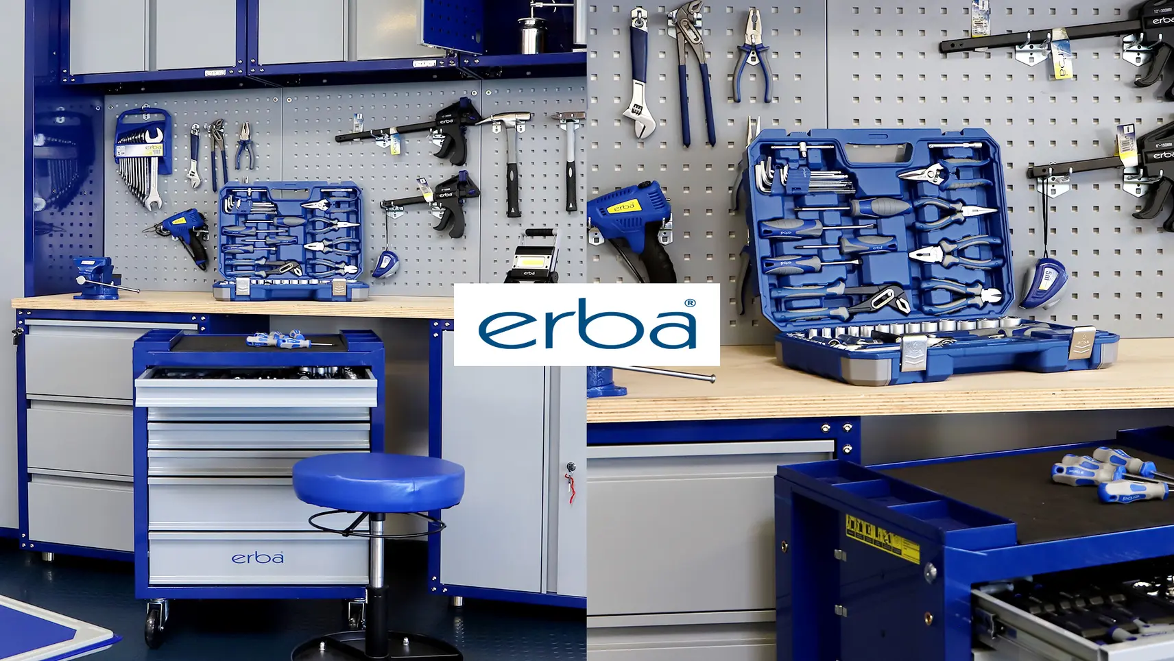 Erba-Werkstatt mit blauem Werkzeug, Lochwand, Werkbank, Werkzeugkoffer und Rollwagen mit Logo