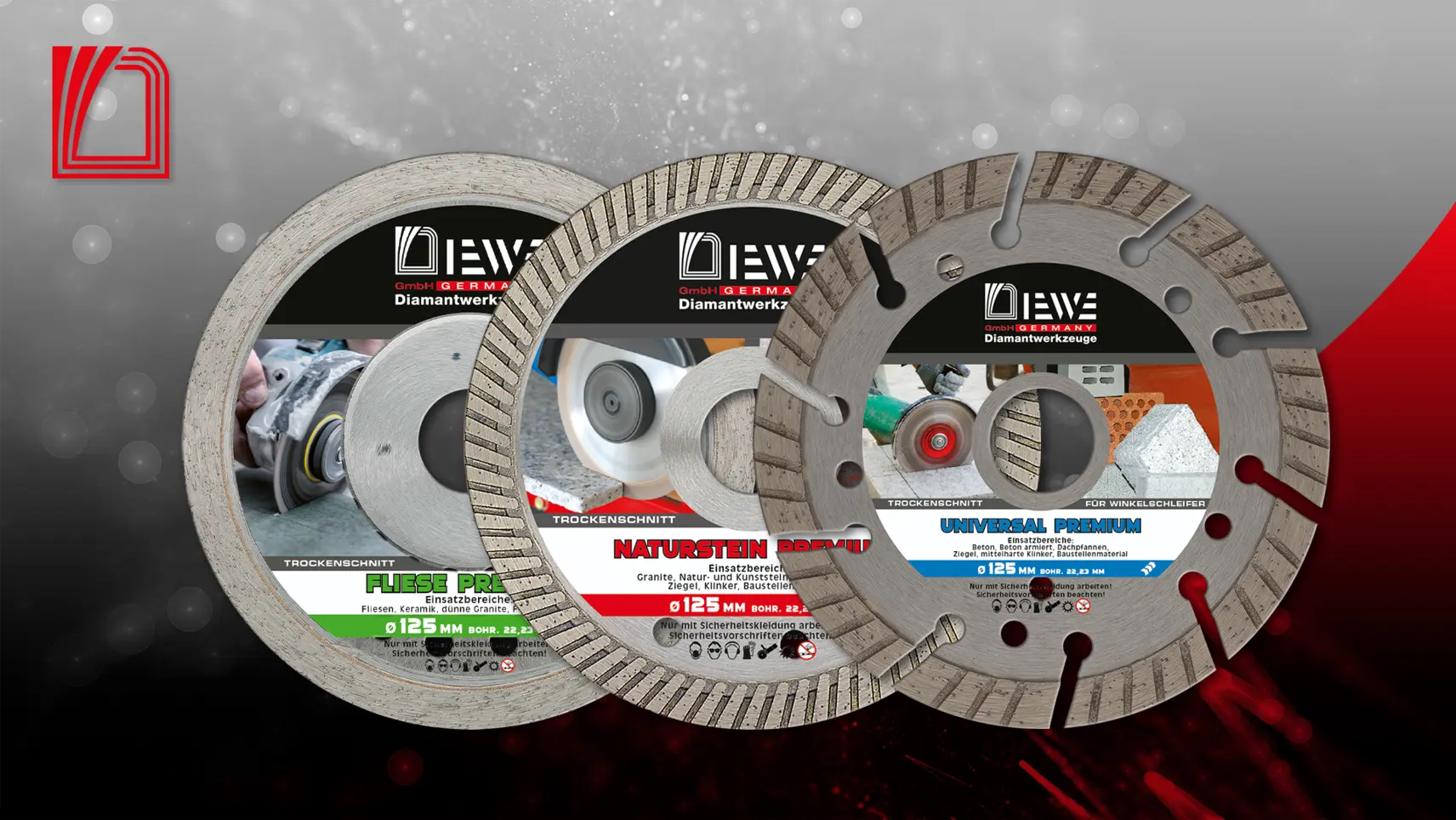 Drei Diamanttrennscheiben von DIEWE GmbH Germany: Fliese Premium, Naturstein Premium und Universal Premium, je 125 mm Durchmesser.