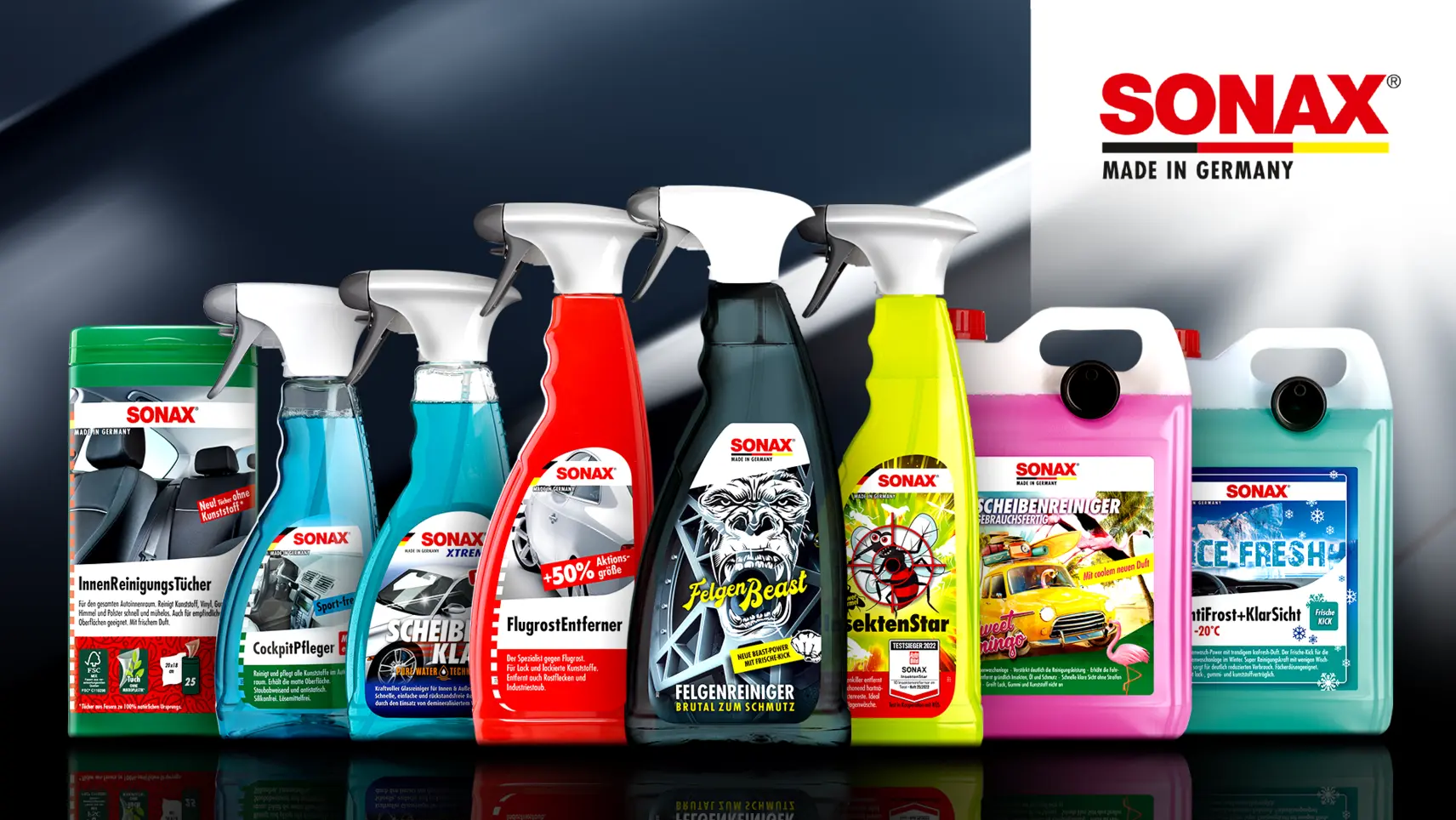Sieben SONAX Autopflegeprodukte nebeneinander, darunter Reiniger und Sprühflaschen, mit dem Logo „Made in Germany".