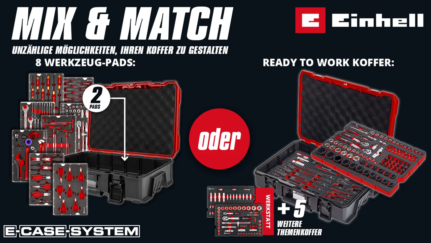 Einhell E-Case-System Werbung: Mix & Match Werkzeugkoffer mit 8 Pads oder Ready-to-Work Koffer mit Steckschlüsselsatz.