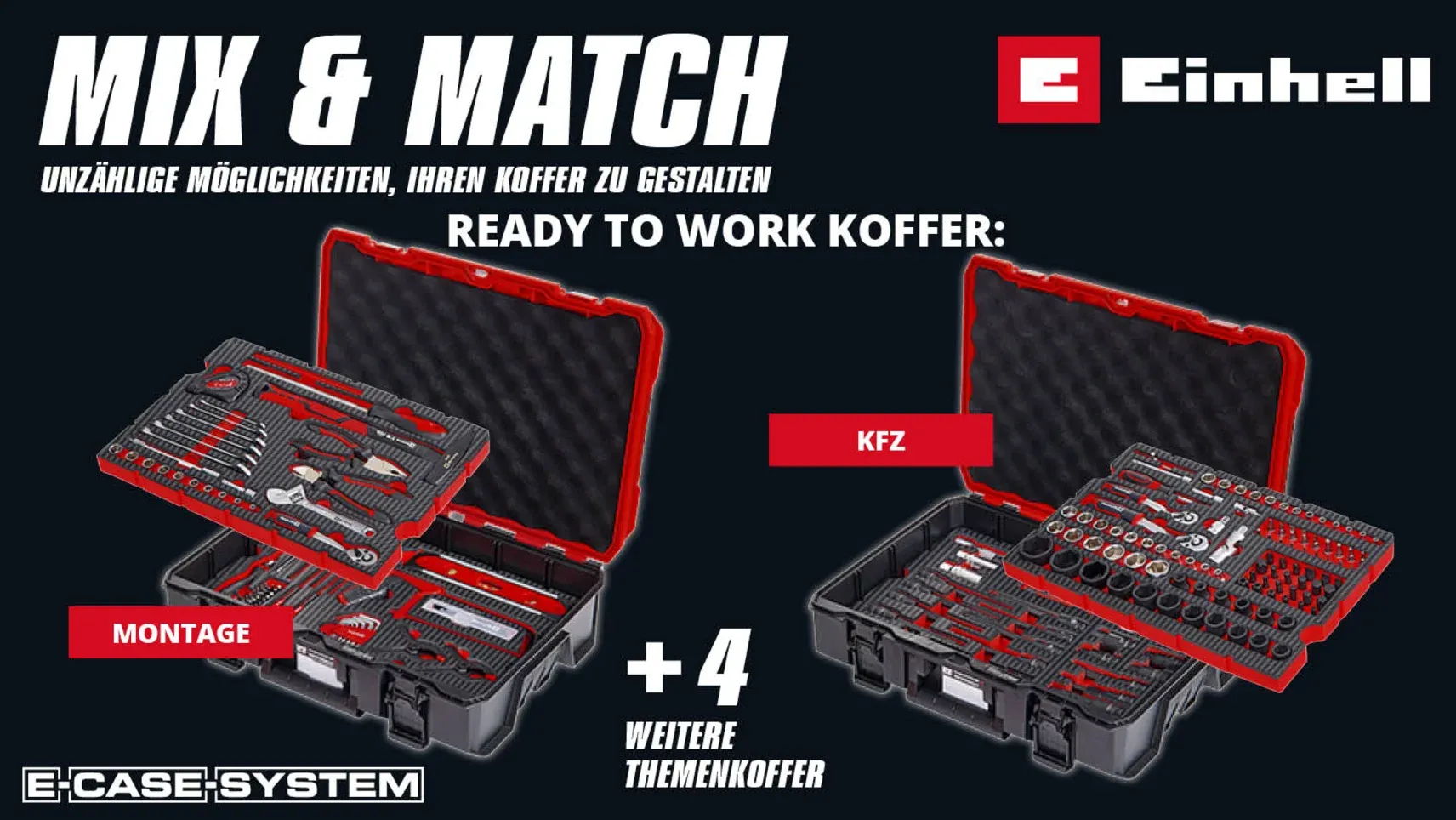 Einhell Mix & Match E-Case-System: Zwei geöffnete Werkzeugkoffer – Montage und KFZ – mit sortiertem Werkzeug auf dunklem Hintergrund.