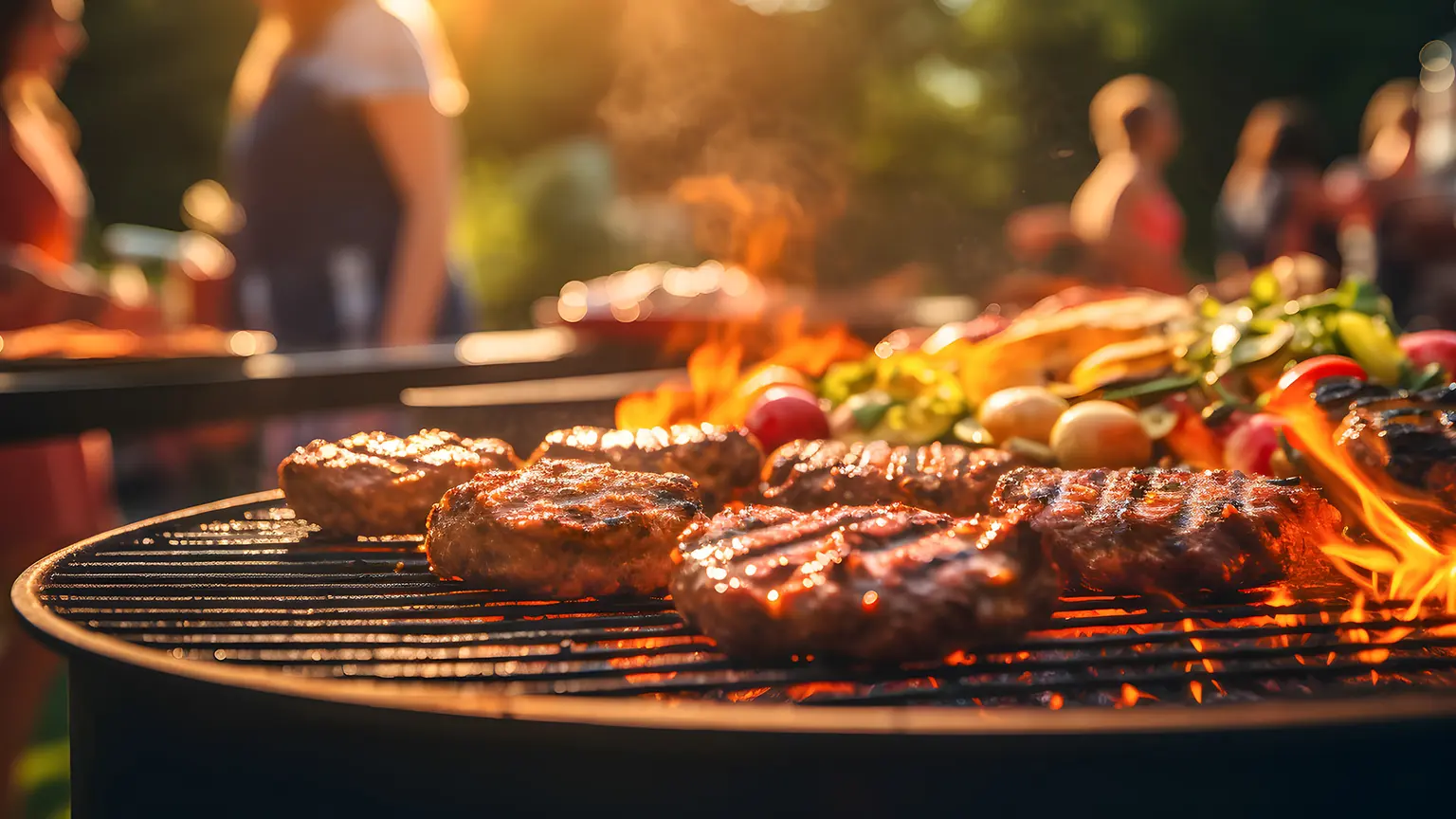 Grillrost mit Fleischpatties und buntem Gemüse über offener Flamme, im Hintergrund Menschen bei einer sommerlichen Gartenparty.
