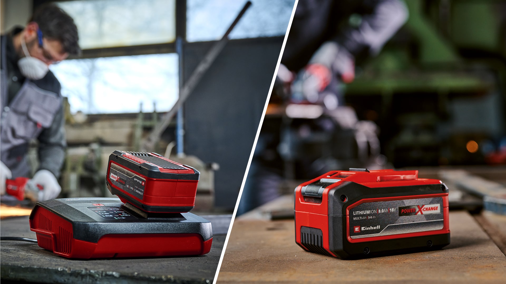 Einhell Power X-Change 18V 8Ah Lithium-Ionen Akku auf Ladegerät, Handwerker arbeitet im Hintergrund in Werkstatt.