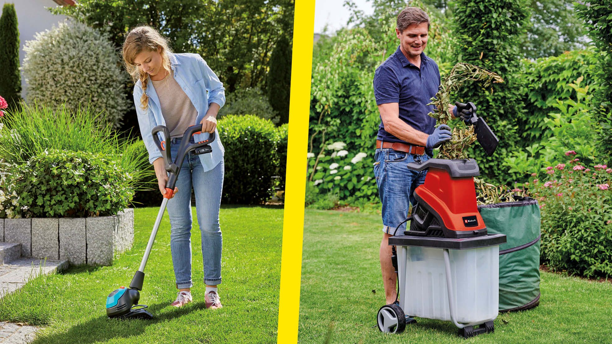 Frau mit Akku-Rasentrimmer und Mann mit Gartenhäcksler bei der Gartenarbeit auf gepflegtem Rasen.