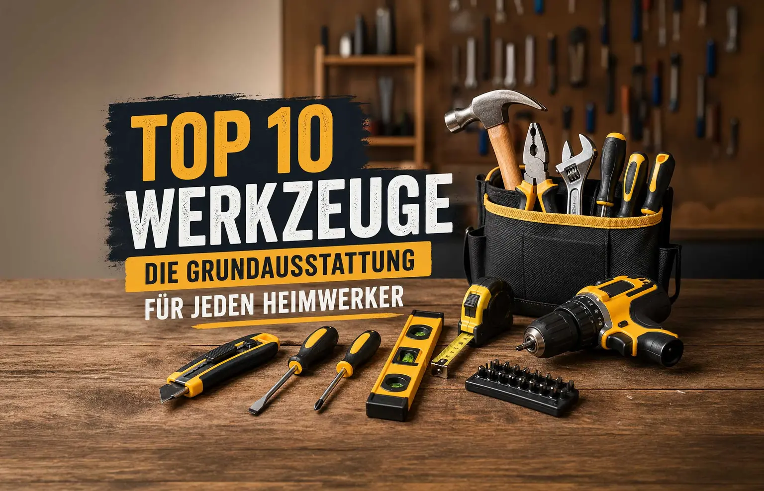 Top 10 Werkzeuge – Grundausstattung für Heimwerker: Werkzeugtasche mit Hammer, Zangen, Schraubendreher, Akkubohrer, Wasserwaage und Maßband auf Holztisch.