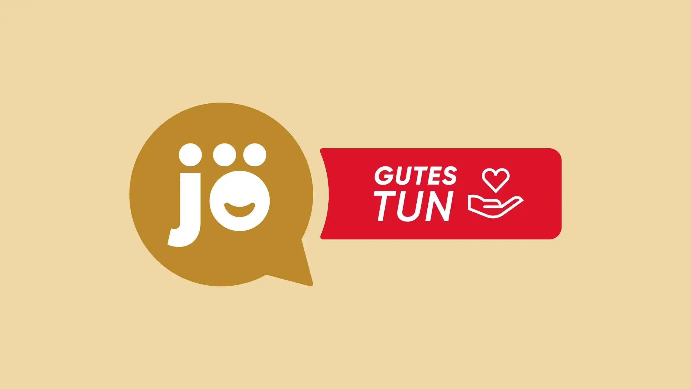 Logo der jö Bonus Club App mit goldenem Sprechblasen-Symbol und rotem Banner „Gutes Tun" mit Herz- und Hand-Icon.