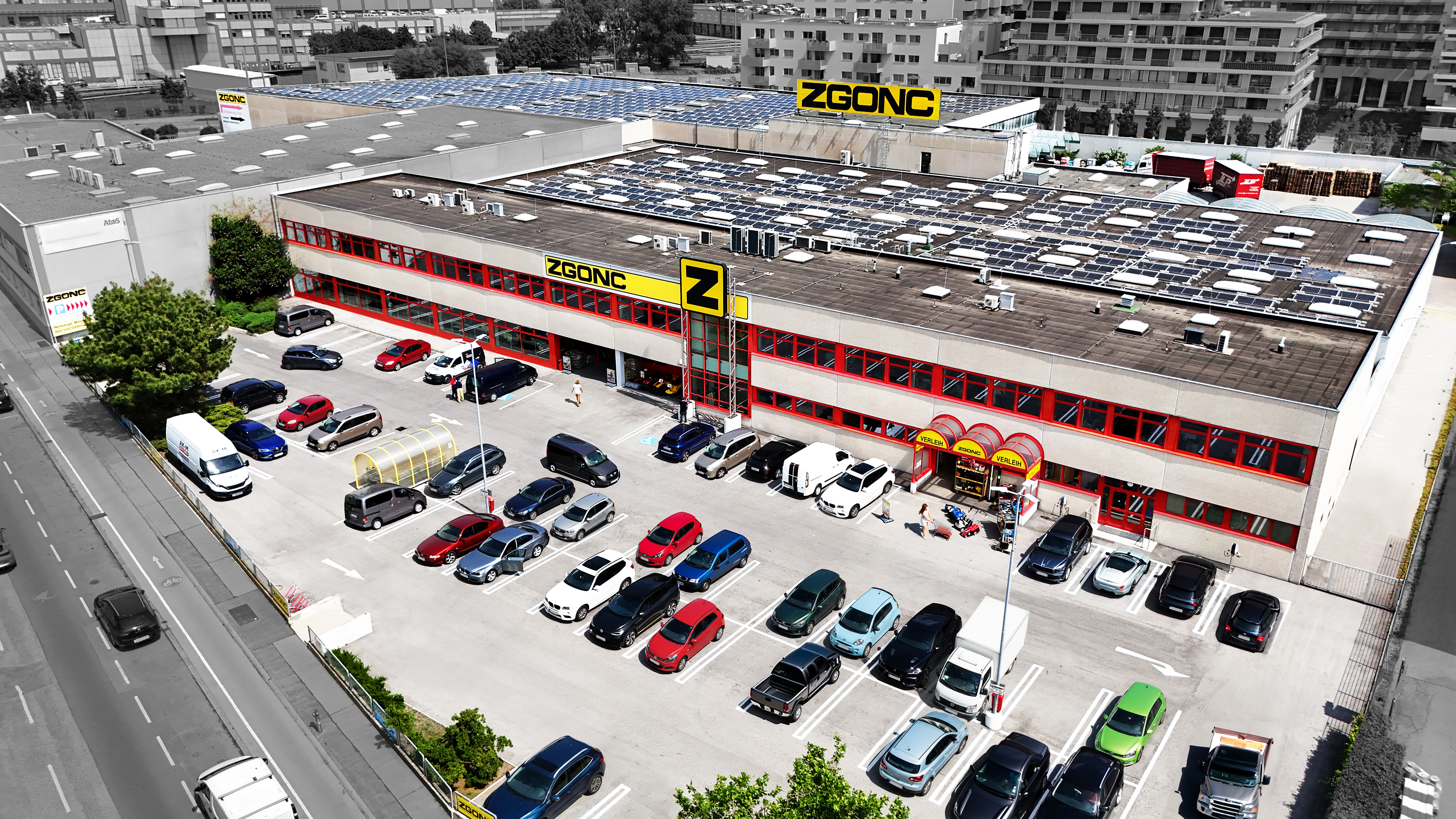 Bild des ZGONC-Standortes Wien 3 mit Parkplatz und Umgebung aus der Vogelperspektive