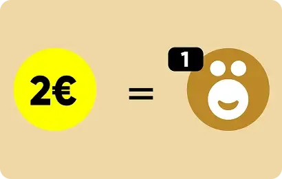 Gelber Kreis mit "2€" gleich einem braunen Affen-Symbol mit der Zahl 1 – Punktebelohnung für 2 Euro Einkauf.