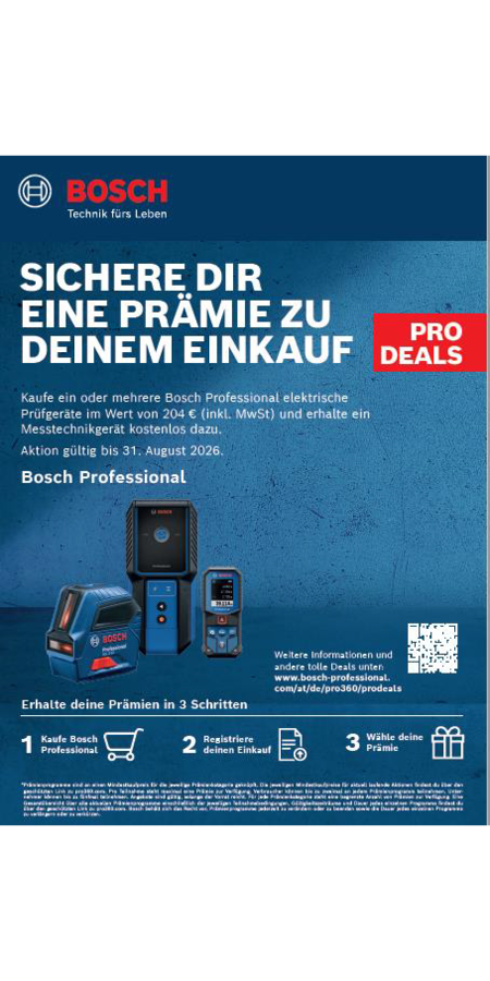 Bosch Pro Deals Werbeanzeige: Prämie beim Kauf von Professional Elektro-Prüfgeräten ab 204€, gültig bis August 2026.