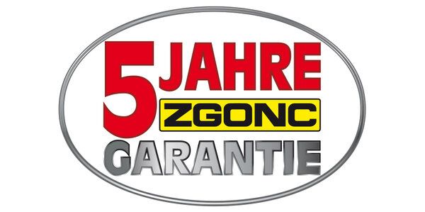 Ovales Logo mit Text „5 Jahre ZGONC Garantie" in Rot, Schwarz und Gelb auf weißem Hintergrund.