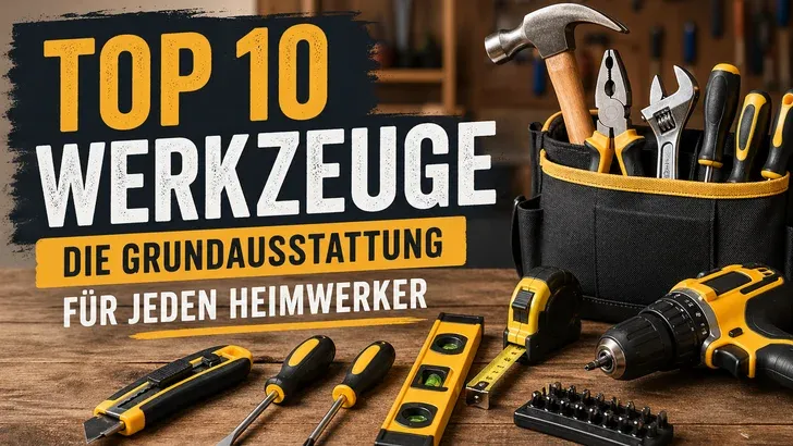 Ein Werkzeugkasten auf einem Holztisch mit verschiedenen Werkzeugen und dem deutschen Text „Top 10 Werkzeuge: Die Grundausstattung für jeden Heimwerker“, der auf unverzichtbare Werkzeuge hinweist.