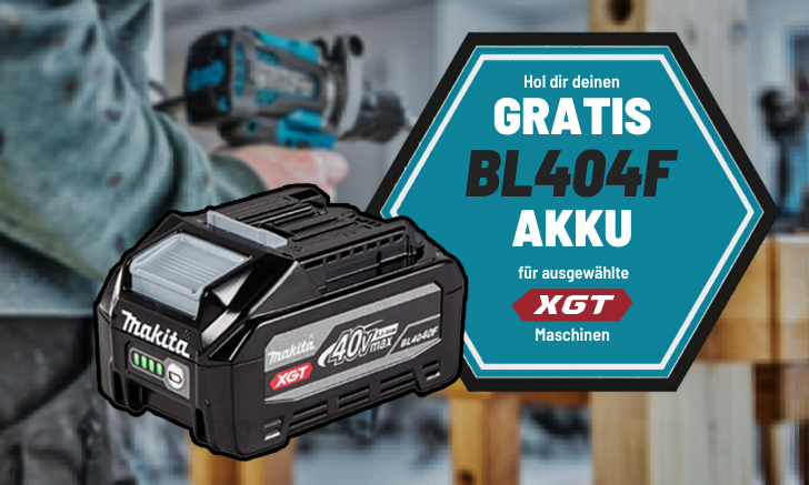 Makita XGT BL404F 40V Akku – Gratis-Aktion für ausgewählte XGT-Maschinen, im Hintergrund ein Handwerker mit Elektrowerkzeug.