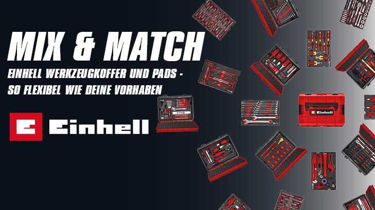 Ein Werbe-Sujet für einhell Mix & Match E-Cases. Im Hintergrund verschiedene Ausführungen der E-Cases. Im Vordergrund der Text "Mix & Match - Einhell Werkzeugkoffer und Pads - So flexibel wie deine Vorhaben"