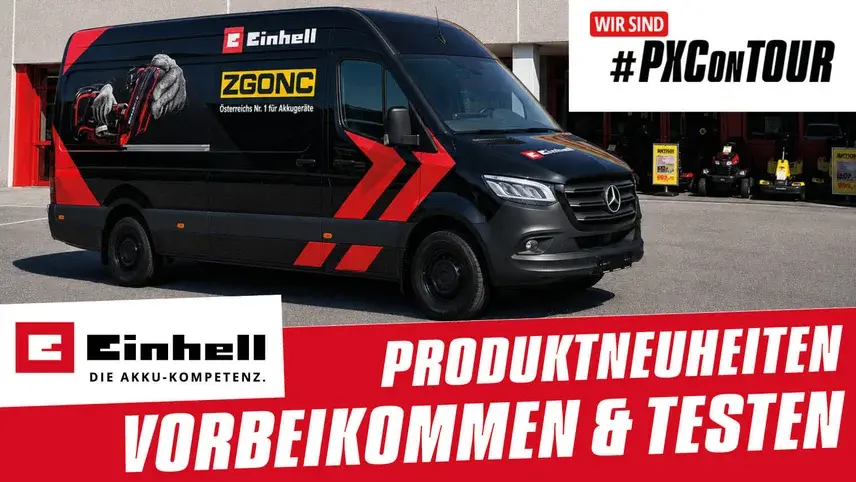 Schwarzer Mercedes Sprinter mit Einhell und Zgonc Branding für die #PXConTour – Produktneuheiten vorbeikommen & testen.