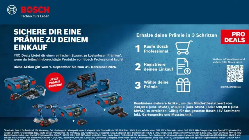 Bosch Professional PRO Deals Werbeanzeige mit 3-Schritt-Prämienprogramm für Werkzeugkäufe, gültig bis Dezember 2026.