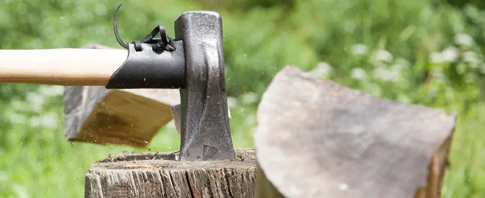 Axt mit Holzstiel steckt in einem Baumstumpf, daneben ein Holzscheit, grüner Hintergrund.