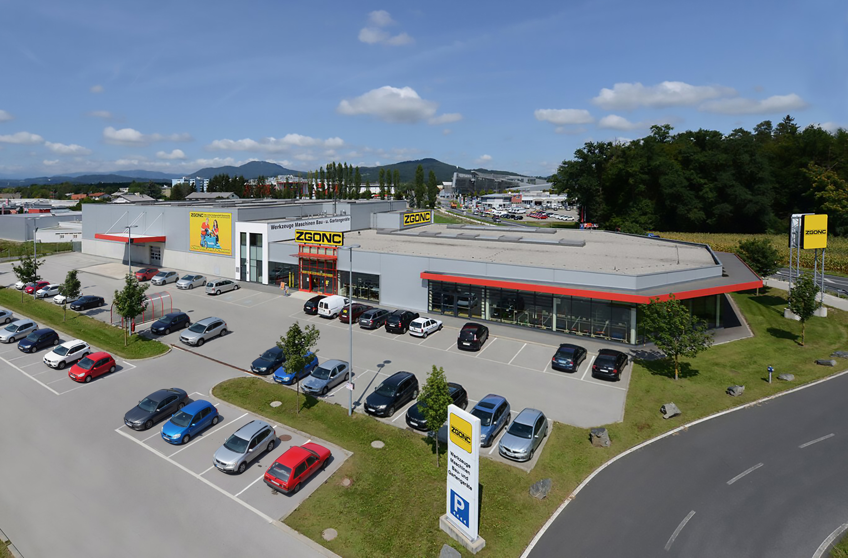 Bild des ZGONC-Standortes Klagenfurt mit Parkplatz und Umgebung aus der Vogelperspektive.