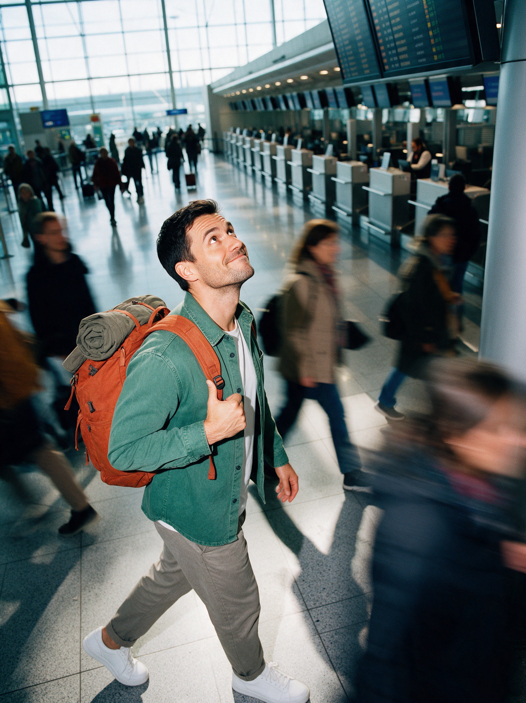 Voyageur seul avec un sac à dos dans le hall des départs d'un aéroport, prêt à configurer une eSIM États-Unis