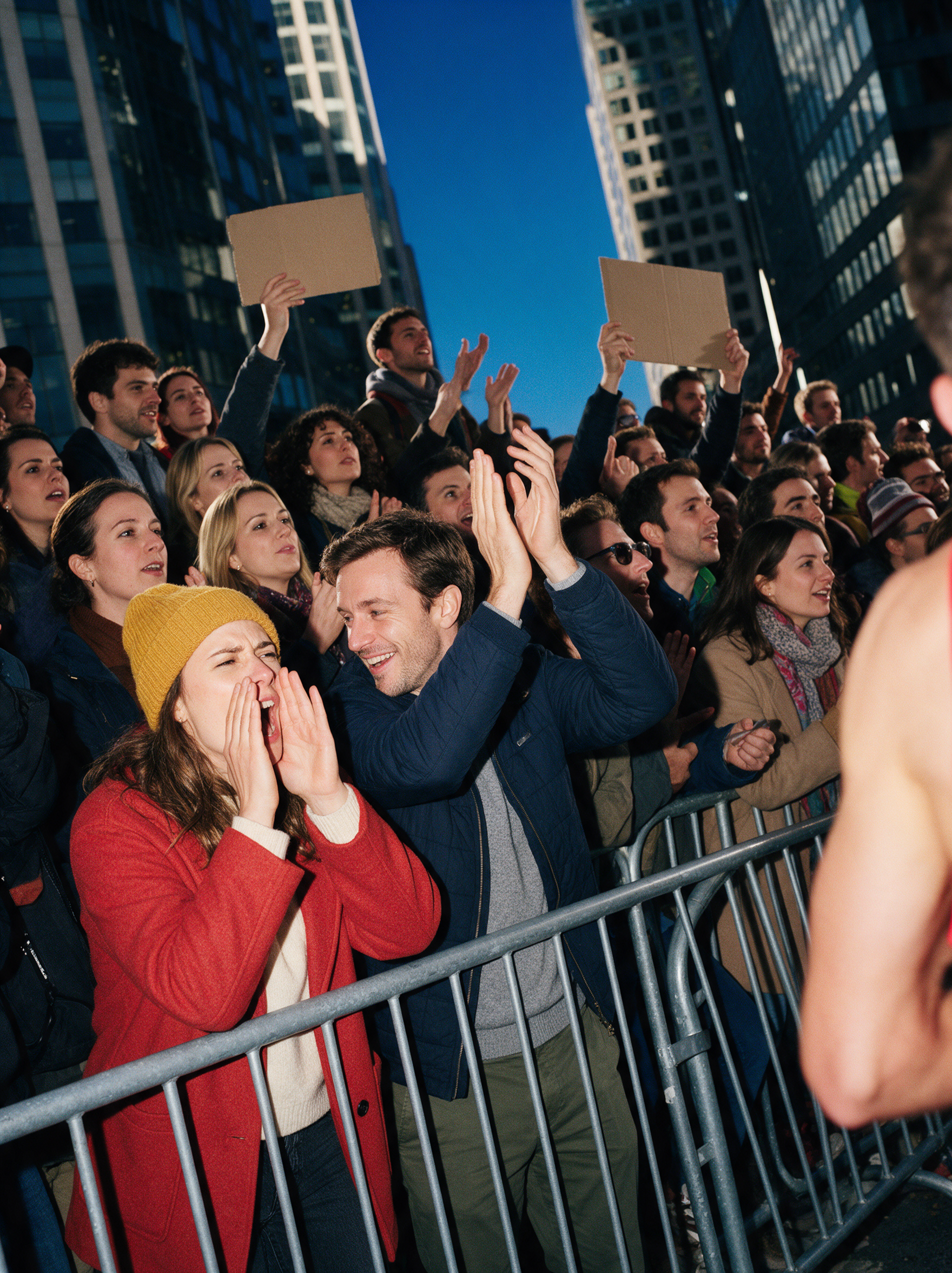 Spectateurs encourageant les coureurs sur le parcours du marathon de New York, avec des gratte-ciel en arrière-plan