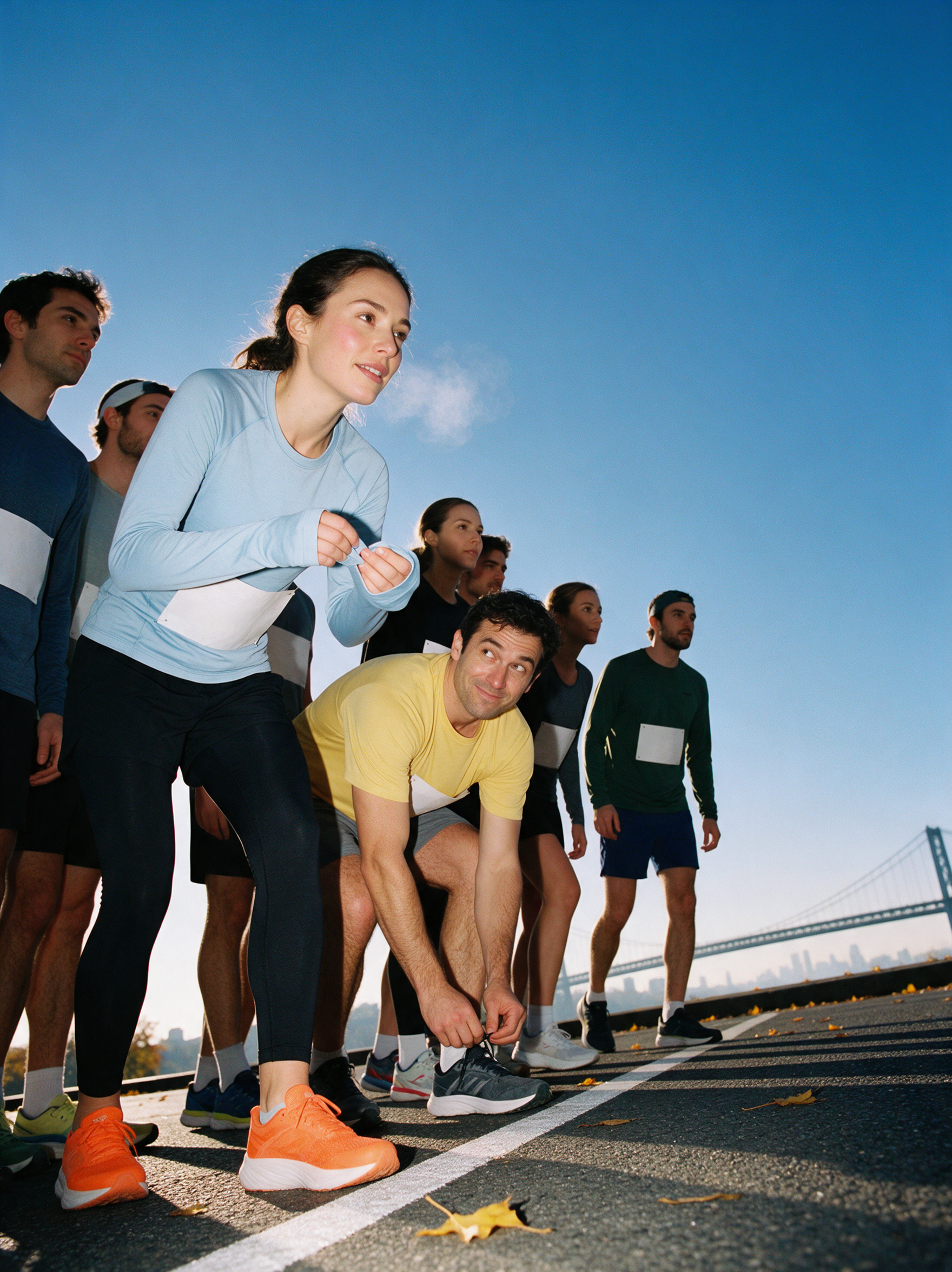 Coureurs alignés au départ du marathon de New York par un matin d'automne frais