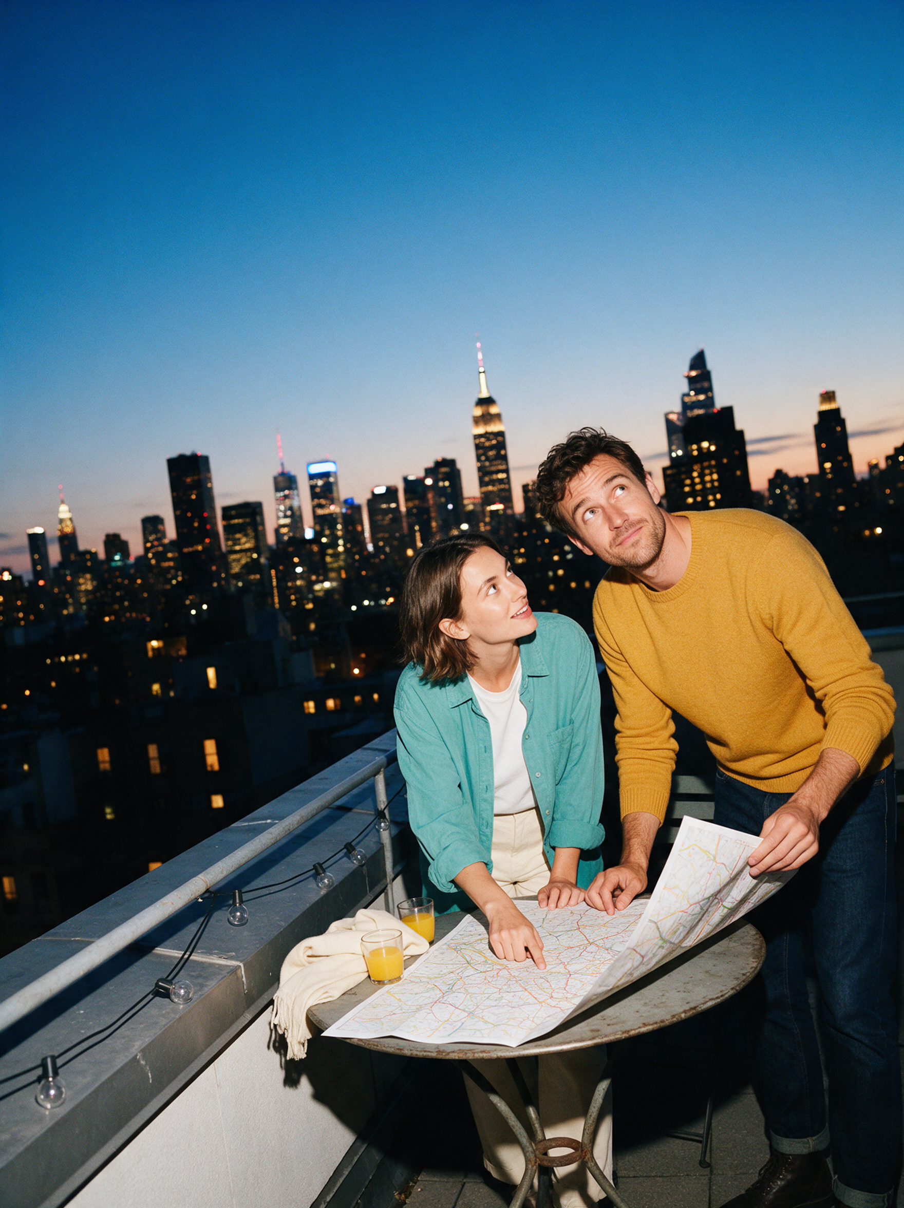 Couple consultant une carte sur une terrasse en rooftop à New York au crépuscule