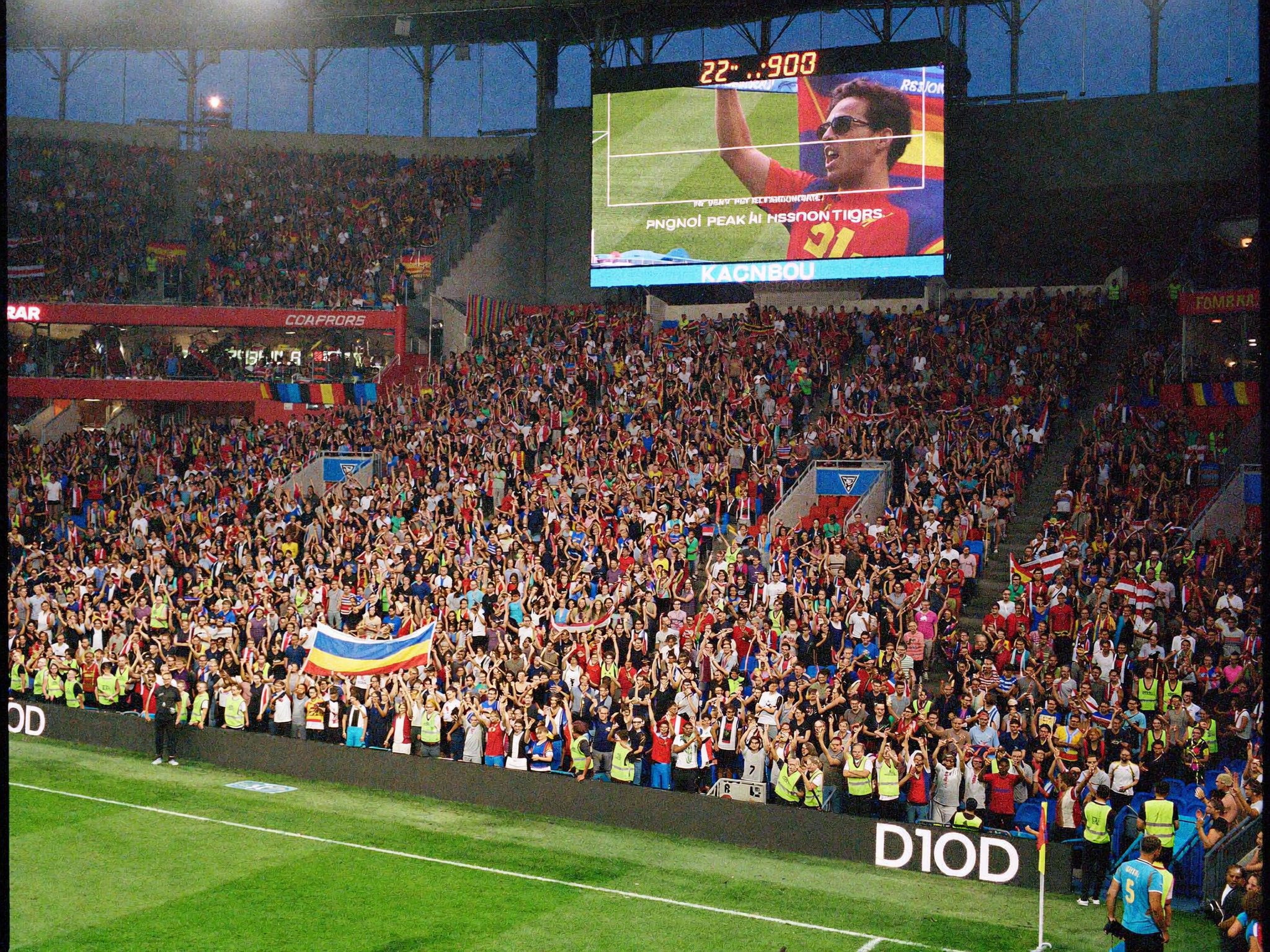 Stade rempli de supporters avec écran géant