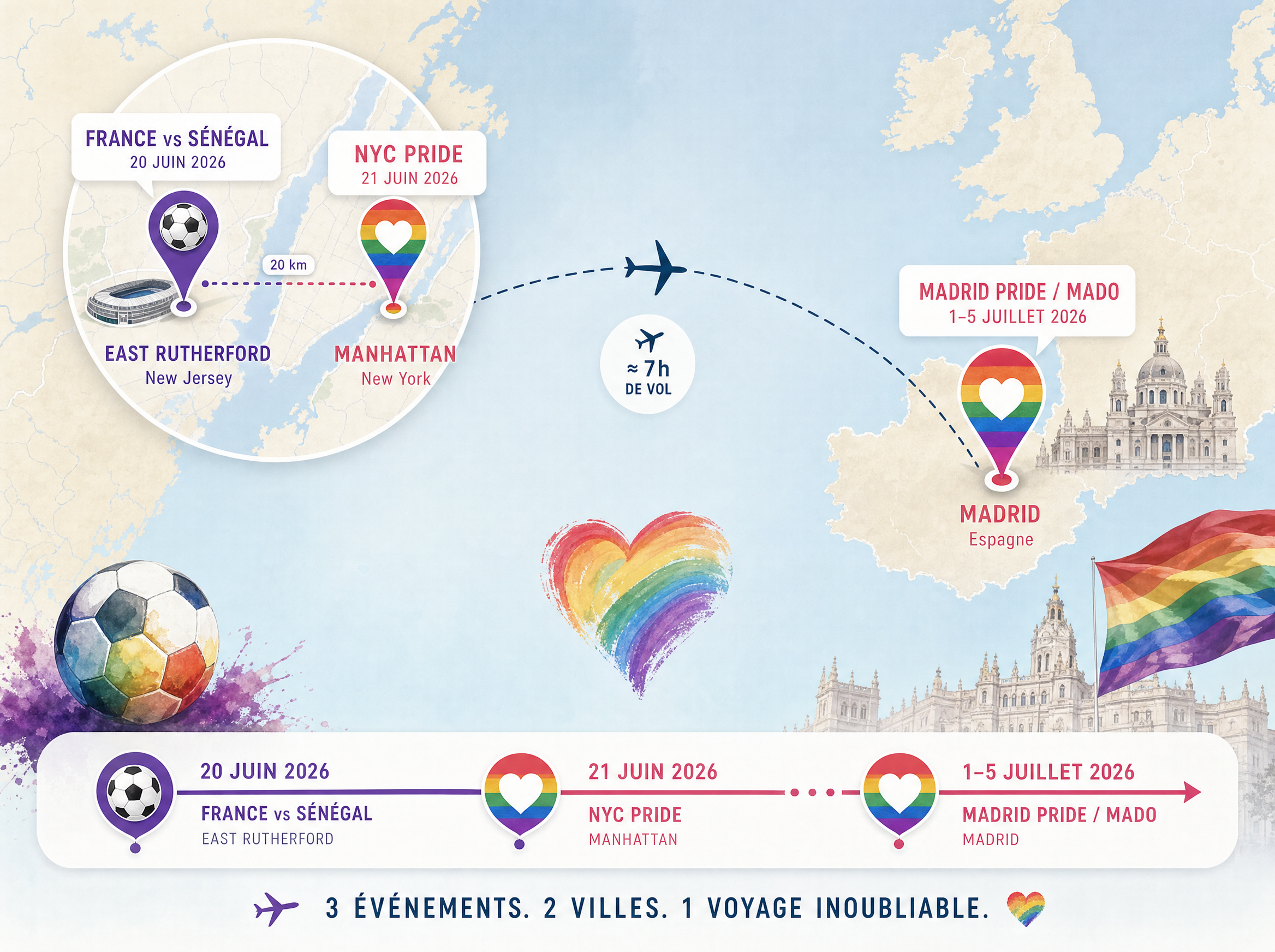 Carte illustrant les trois destinations Pride 2026 depuis Paris : New York, Madrid et Amsterdam, avec les dates clés de chaque événement
