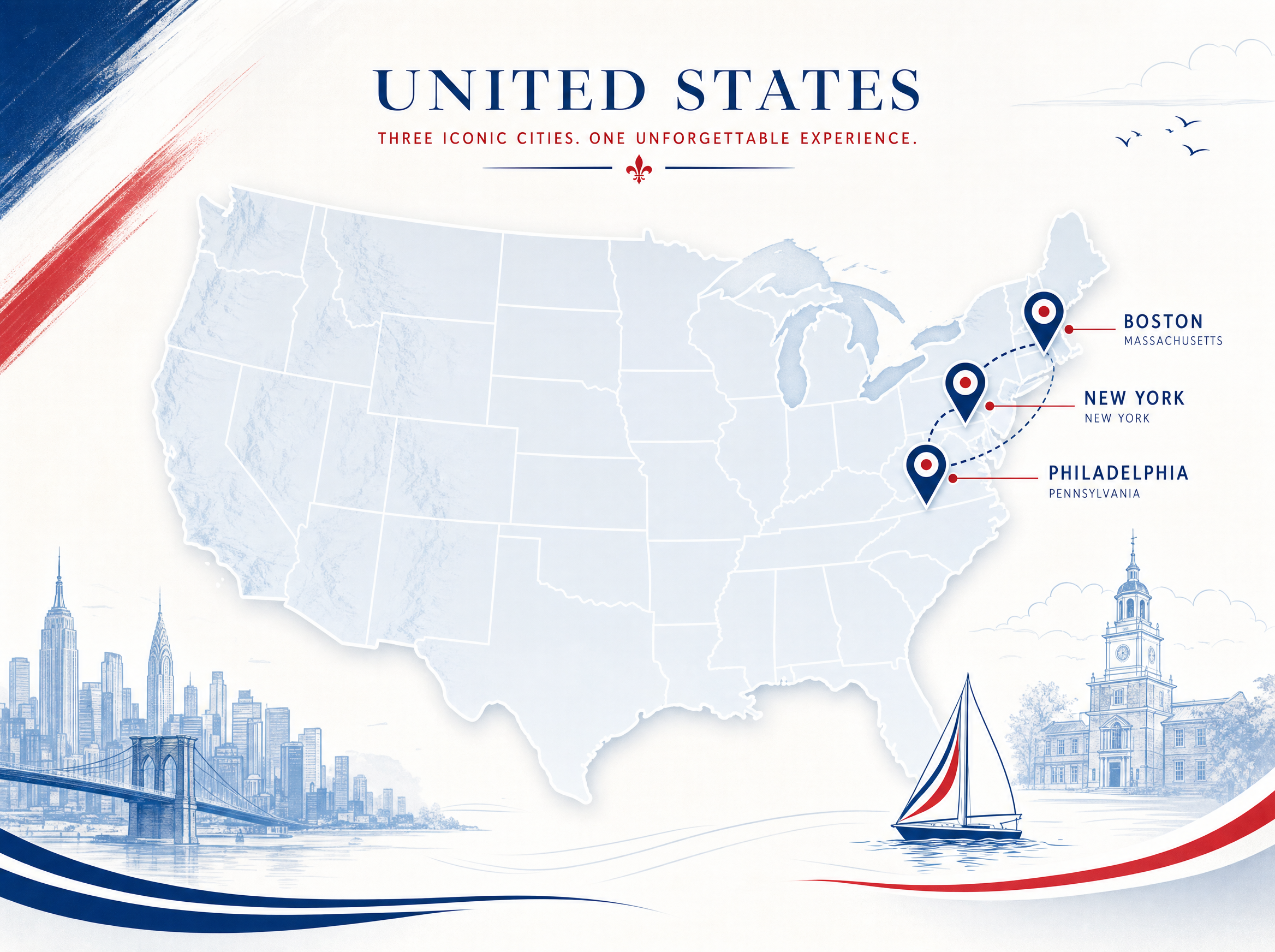 Carte stylisée de la côte est des États-Unis montrant les trois villes hôtes Coupe du Monde 2026 reliées par des lignes : New York, Philadelphie, Boston, avec des icônes de stades, style infographie épurée